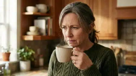 Personne sentant une tasse de café avec air perplexe