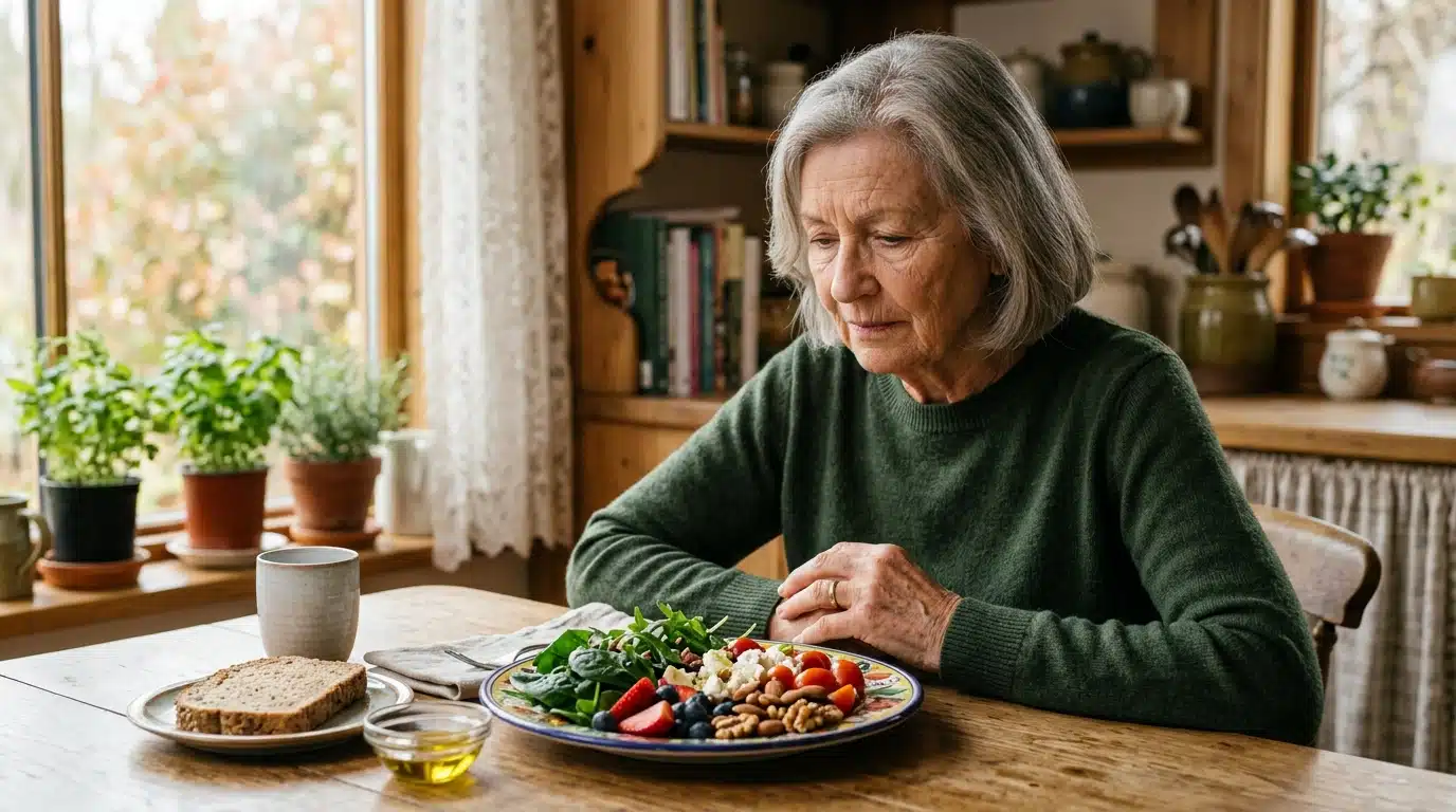 Personne âgée pensive devant une assiette d'aliments sains