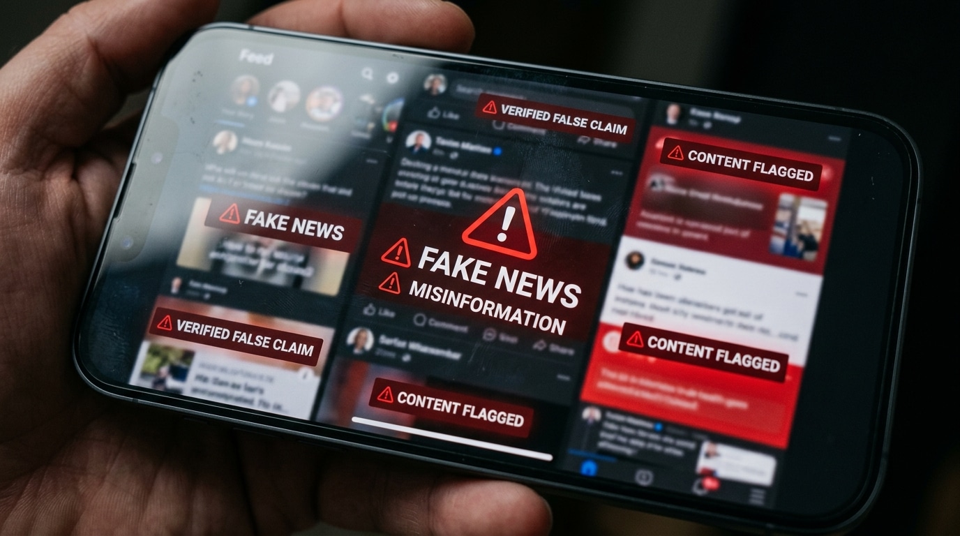 Smartphone affichant une alerte de désinformation en ligne