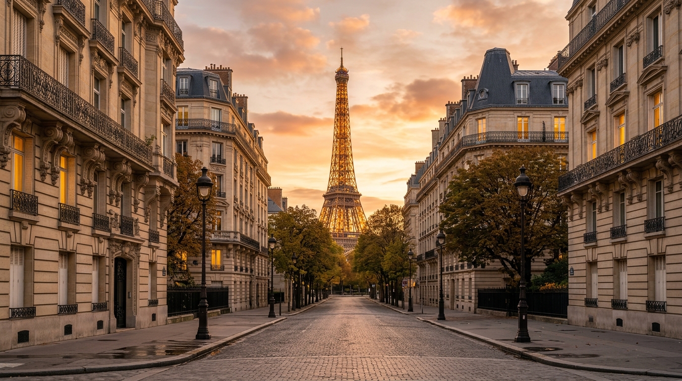 Vue d'une avenue parisienne avec la Tour Eiffel au loin