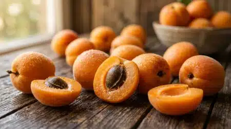 Abricots frais coupés en deux sur table en bois