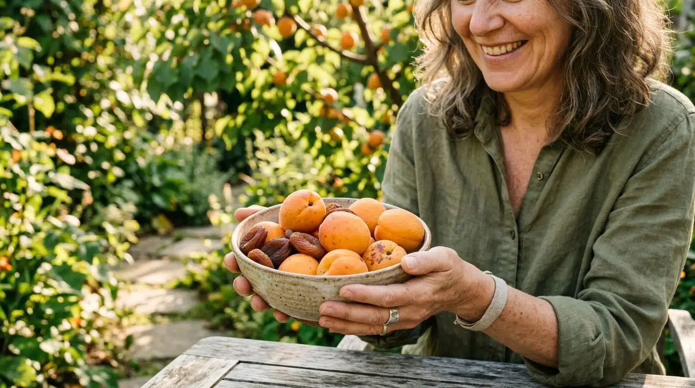 Personne tenant un bol d'abricots frais et secs