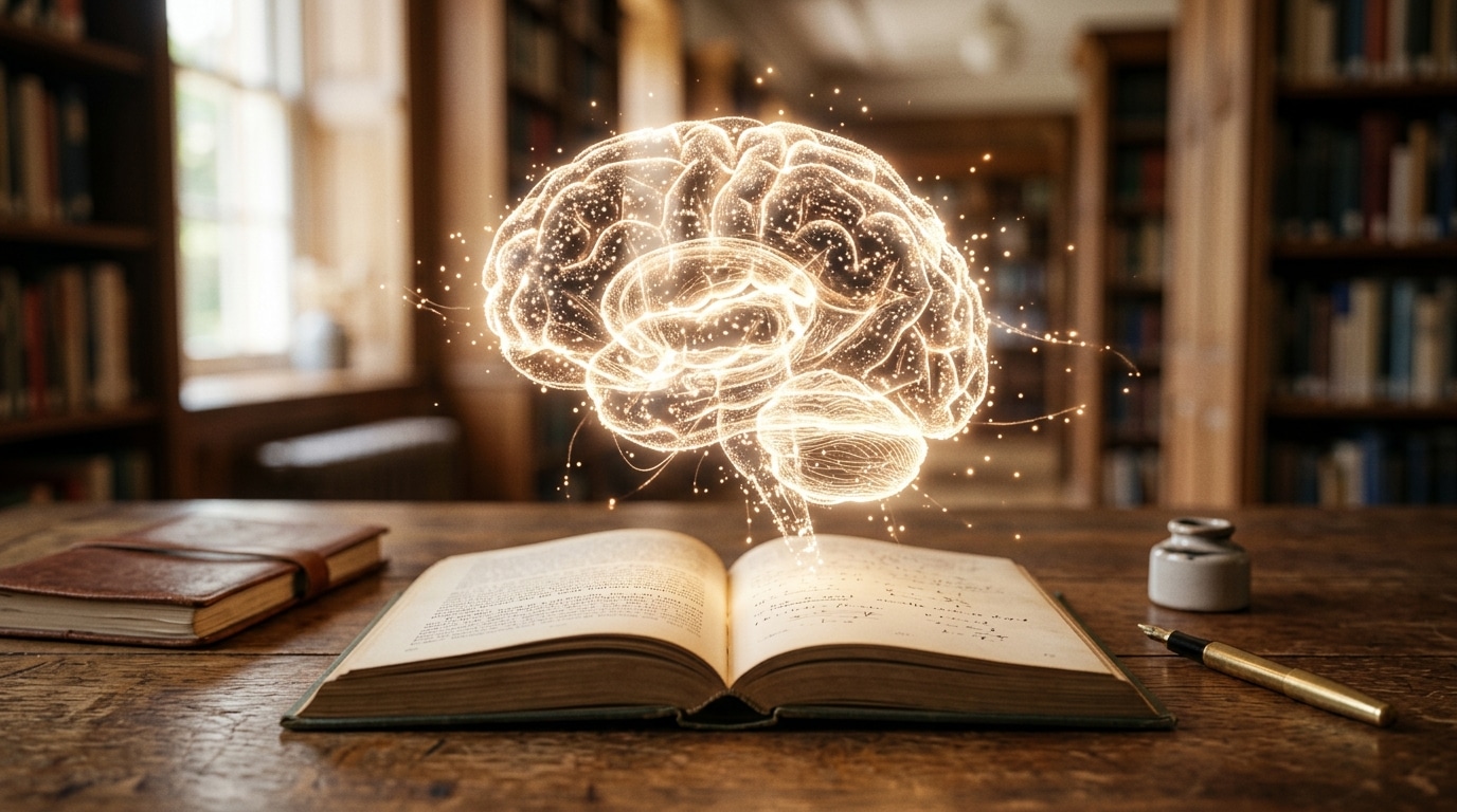 Représentation lumineuse d'un cerveau au-dessus d'un livre