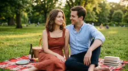 Couple souriant lors d'un pique-nique romantique en été