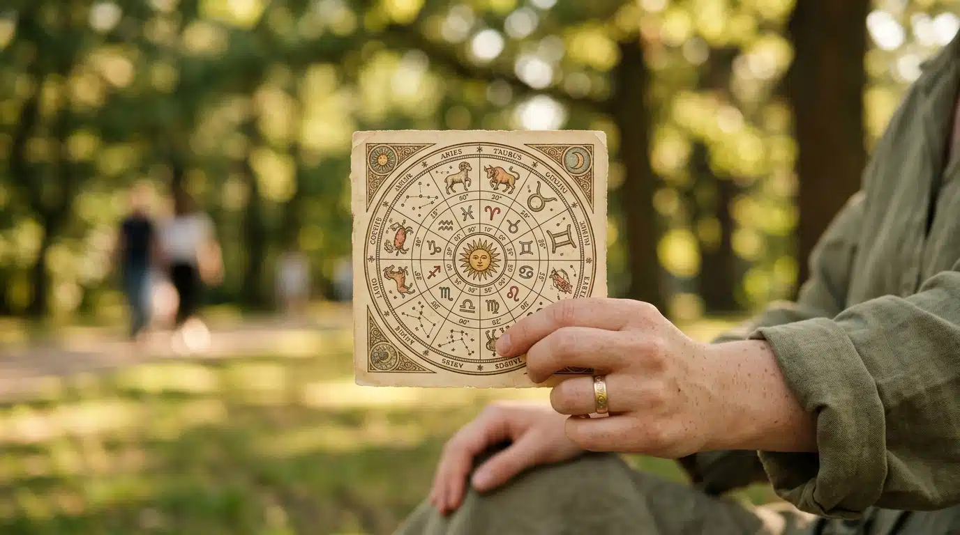 Main tenant une roue astrologique en extérieur