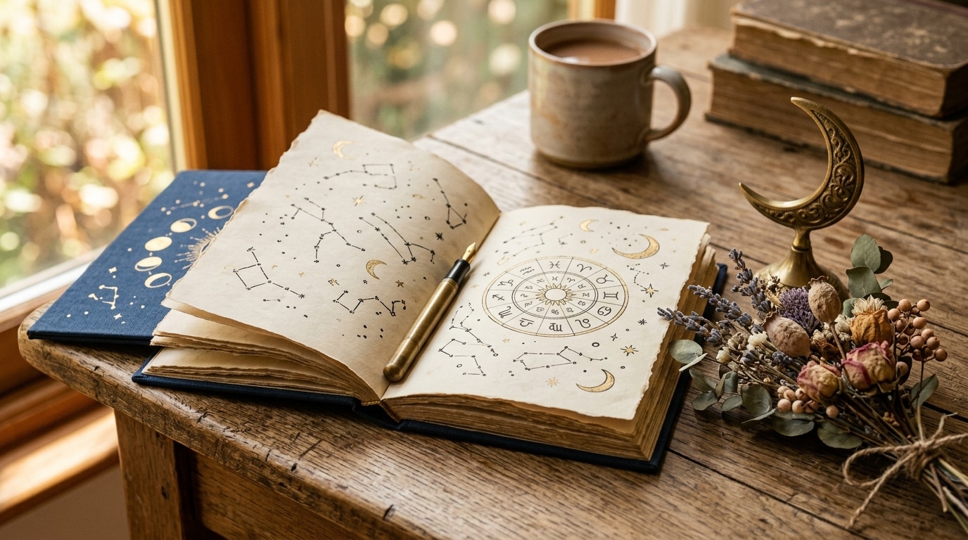 Carnet d'astrologie ouvert avec ornement lunaire