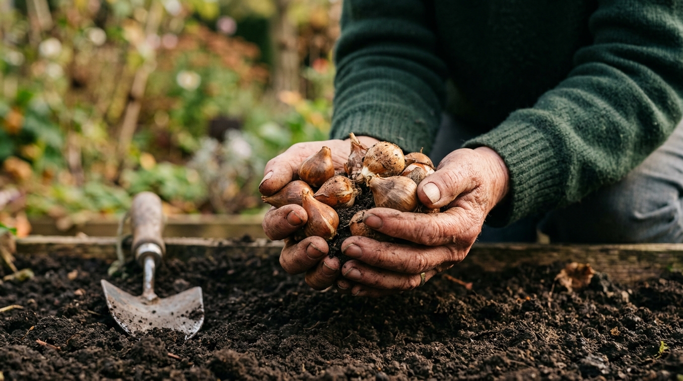 Mains tenant des bulbes de tulipes au-dessus de la terre