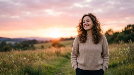 Jeune femme souriante sous une lumière dorée de fin de journée