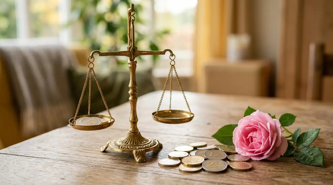 Balance dorée et pièces d'euros symbolisant chance et équilibre