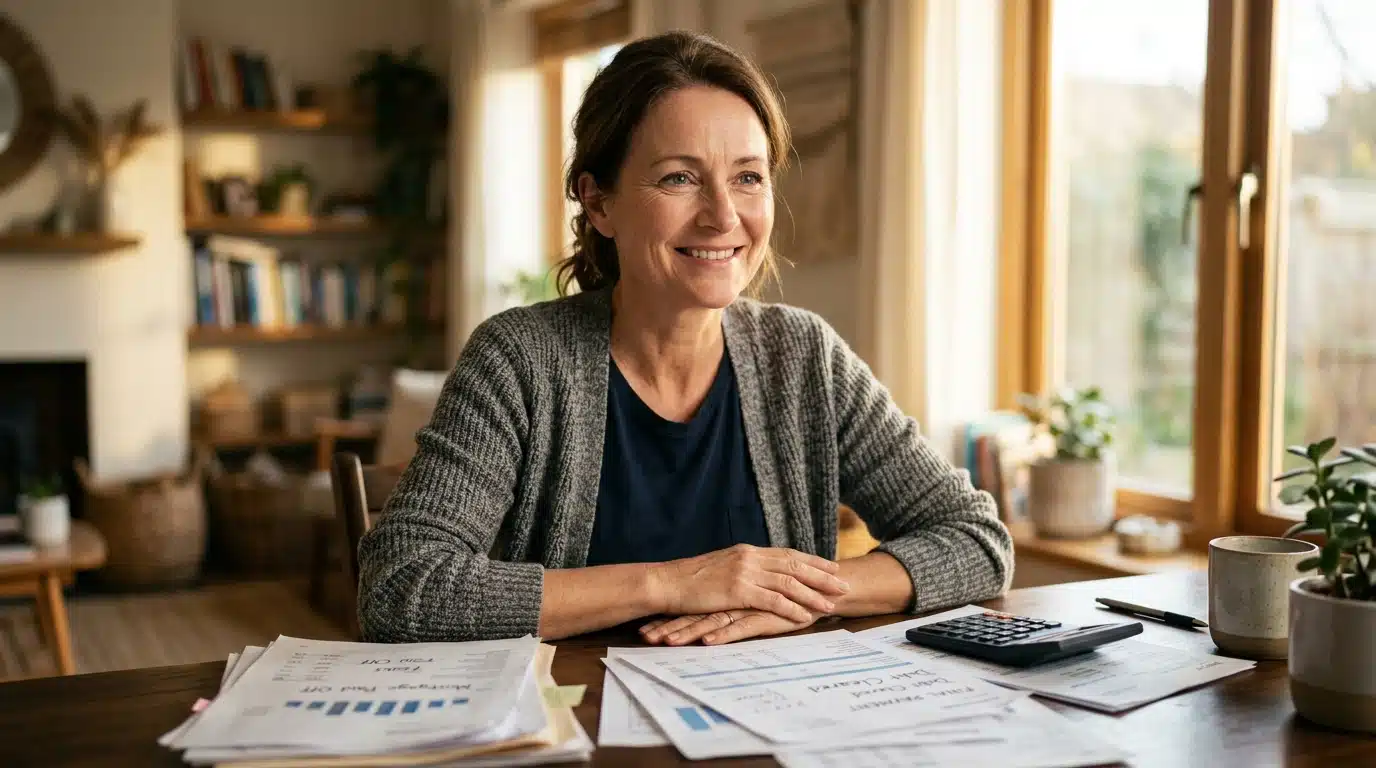 Personne souriante devant des documents financiers