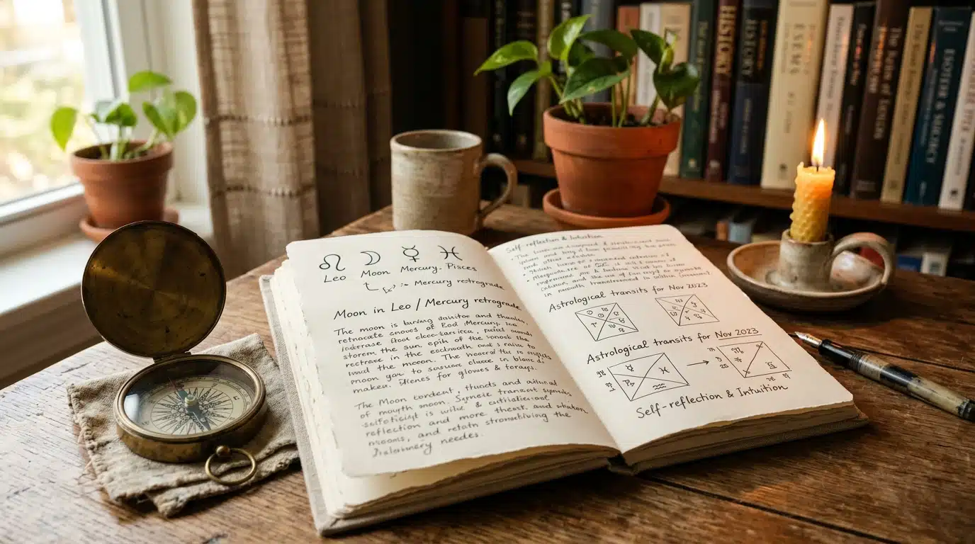 Carnet et bougie sur bureau ambiance astrologie