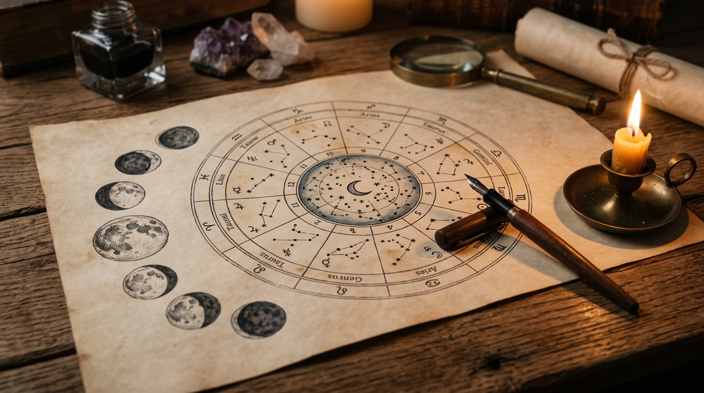 Carte astrale et lunes posées sur une table en bois