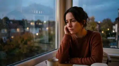 Femme pensive près d'une fenêtre au crépuscule automnal