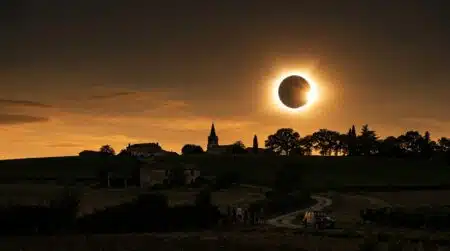 Éclipse solaire orangée au-dessus d'une campagne française