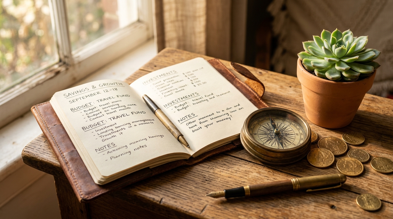 Bureau en bois avec compas, pièces d'or et plante