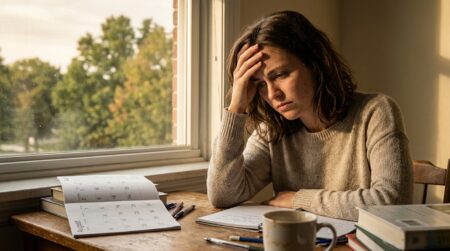 Femme anxieuse à son bureau en fin d'été