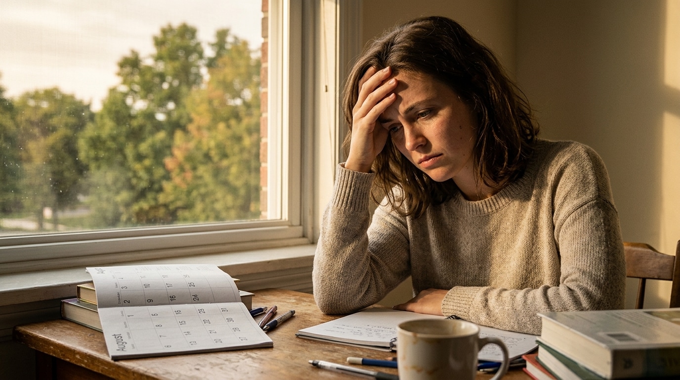 Femme anxieuse à son bureau en fin d'été