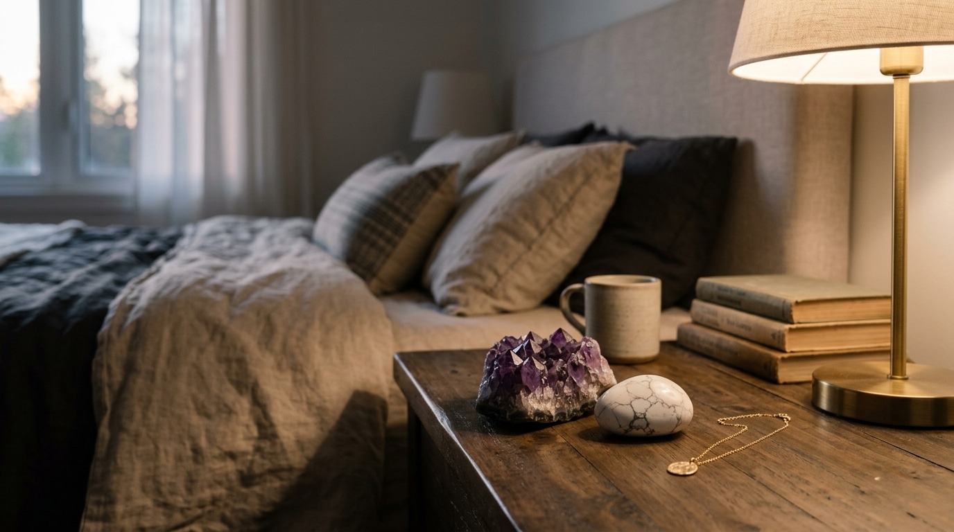 Améthyste brute et howlite blanche sur table de nuit