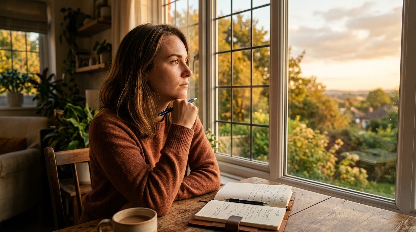 Femme pensive au coucher du soleil près d'une fenêtre