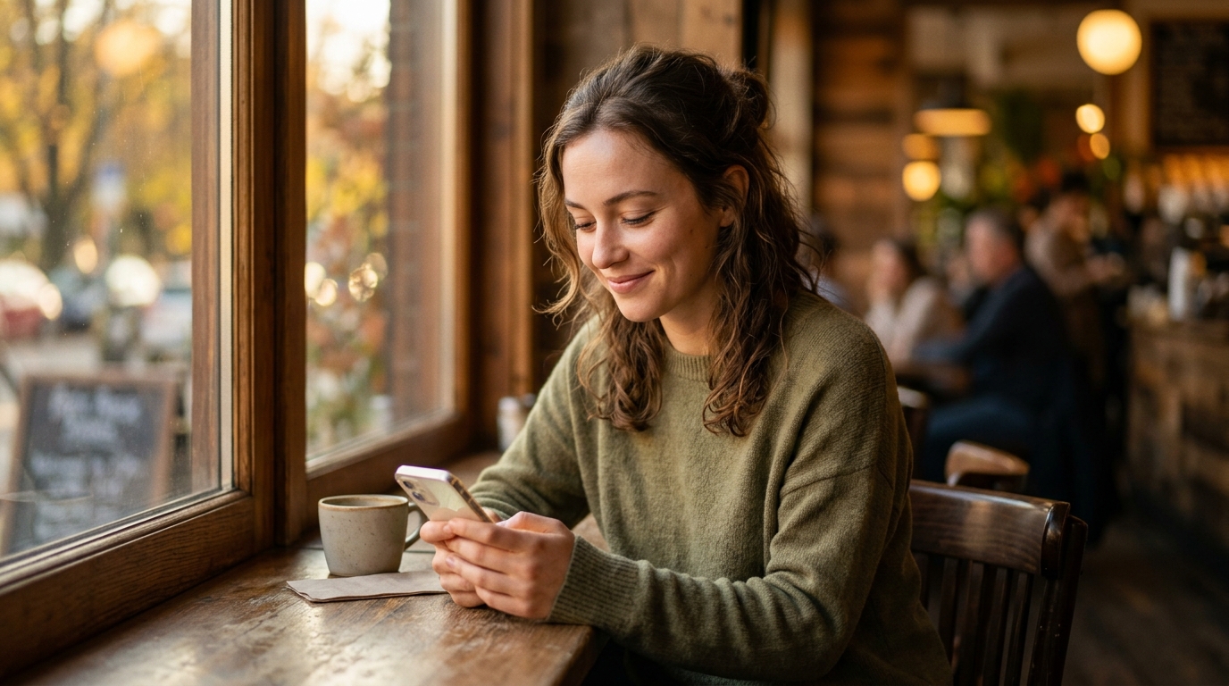 Jeune femme souriante regardant son téléphone au coucher du soleil