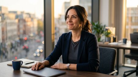 Professionnel souriant à son bureau en fin de journée