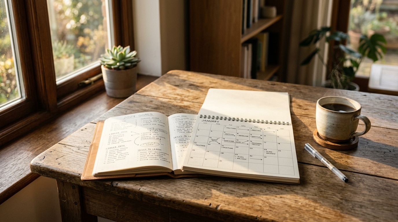 Agenda et carnet ouverts sur un bureau ensoleillé