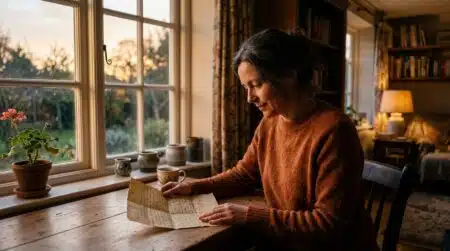 Femme pensive relisant une lettre ancienne au crépuscule