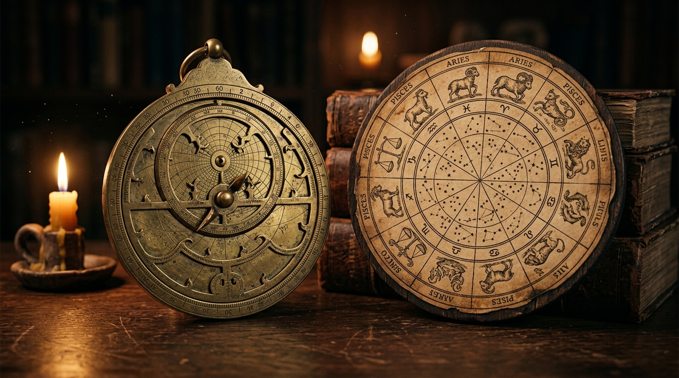 Astrolabe ancien et roue zodiacale sur bureau en bois