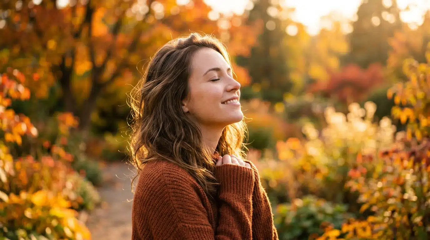 Femme souriante au coucher du soleil, ambiance douce et sereine