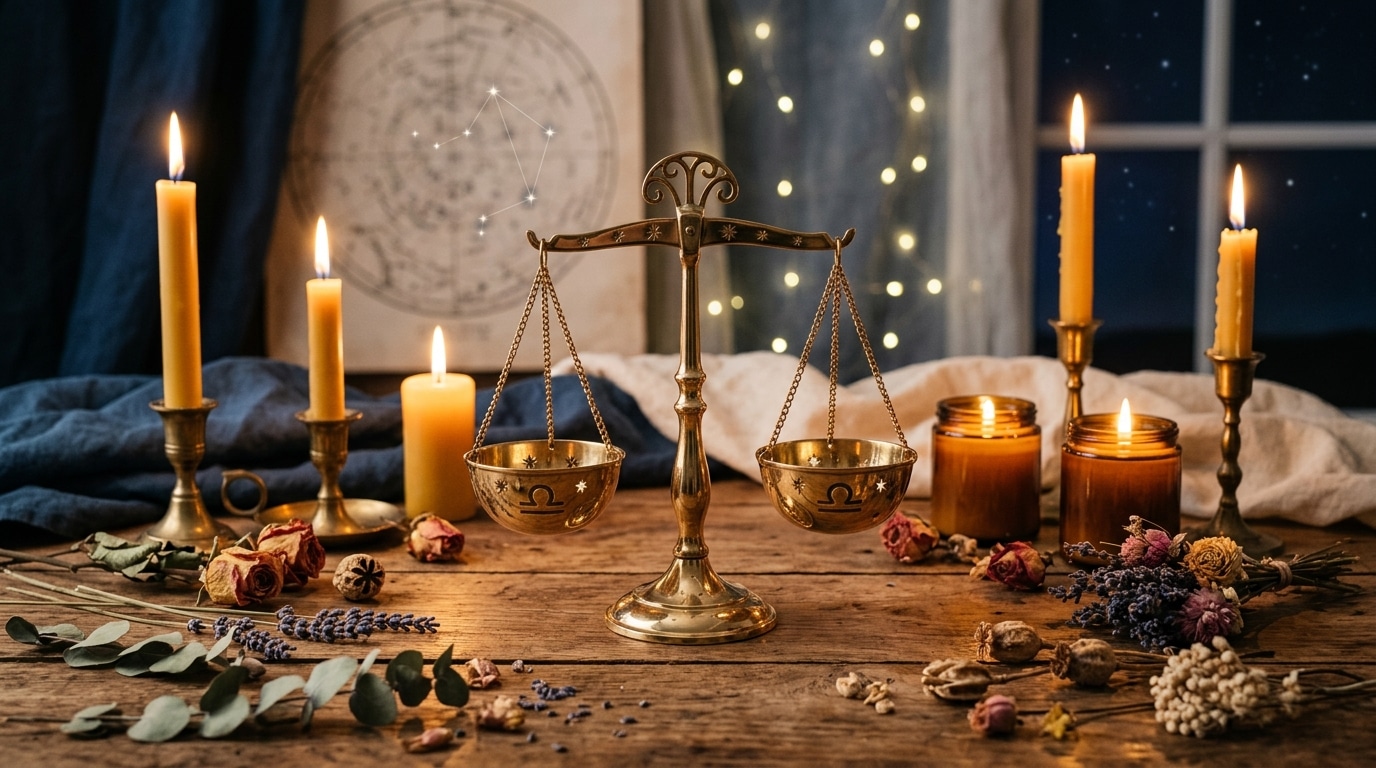 Symbole doré de la balance zodiacale sur table en bois