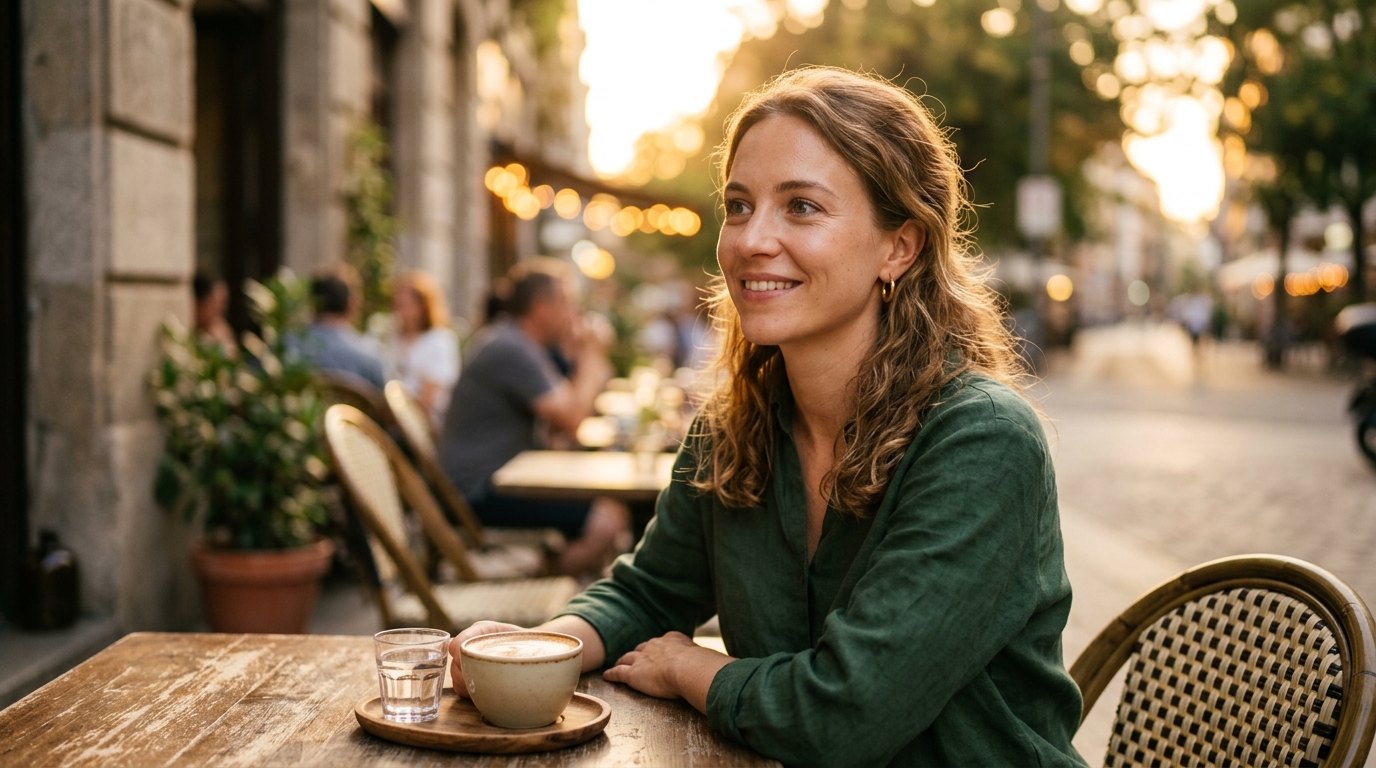 Jeune femme souriante au coucher de soleil en terrasse