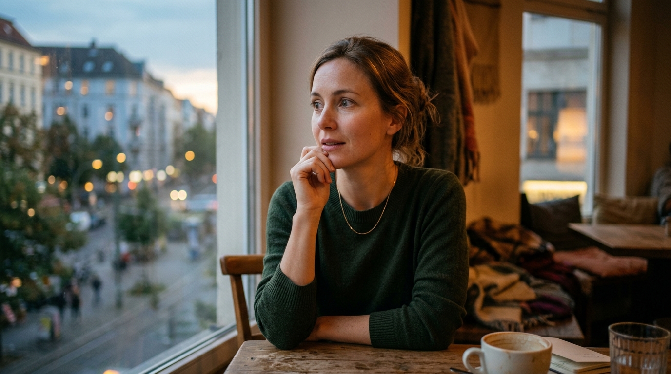 Femme pensive au crépuscule regardant par une fenêtre
