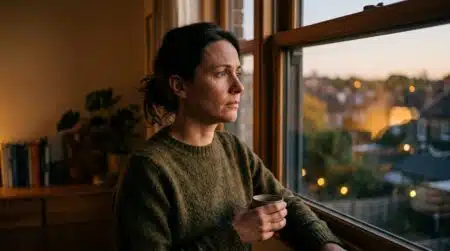 Personne pensive au crépuscule près d'une fenêtre