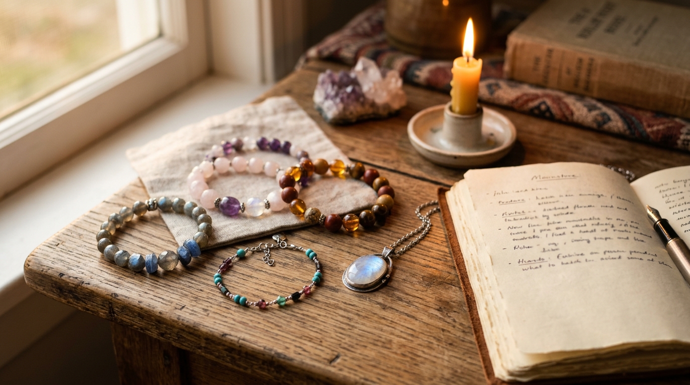 Bracelets en pierres naturelles et bougie allumée