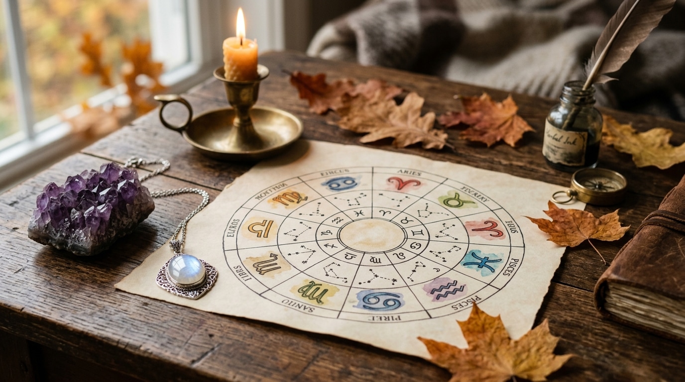 Nature morte astrologique avec cristaux et carte du zodiaque