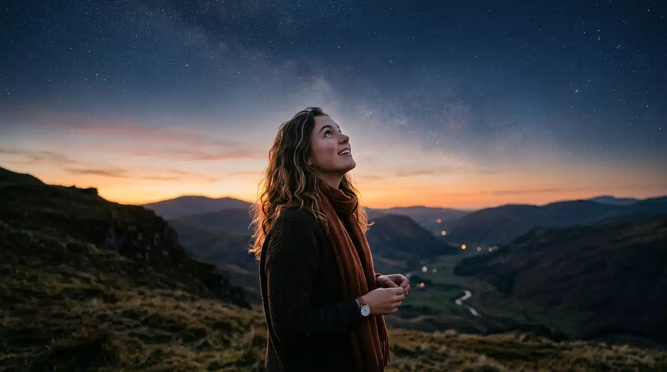 Jeune femme regardant le ciel étoilé au crépuscule