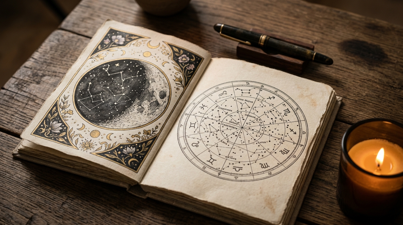 Carnet d'astrologie ouvert avec phases de lune illustrées