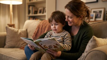 Parent et enfant lisant un livre illustré ensemble le soir