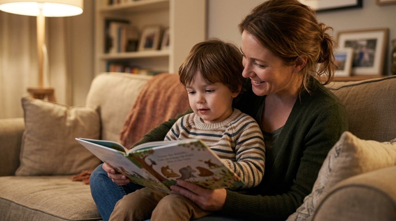 Parent et enfant lisant un livre illustré ensemble le soir