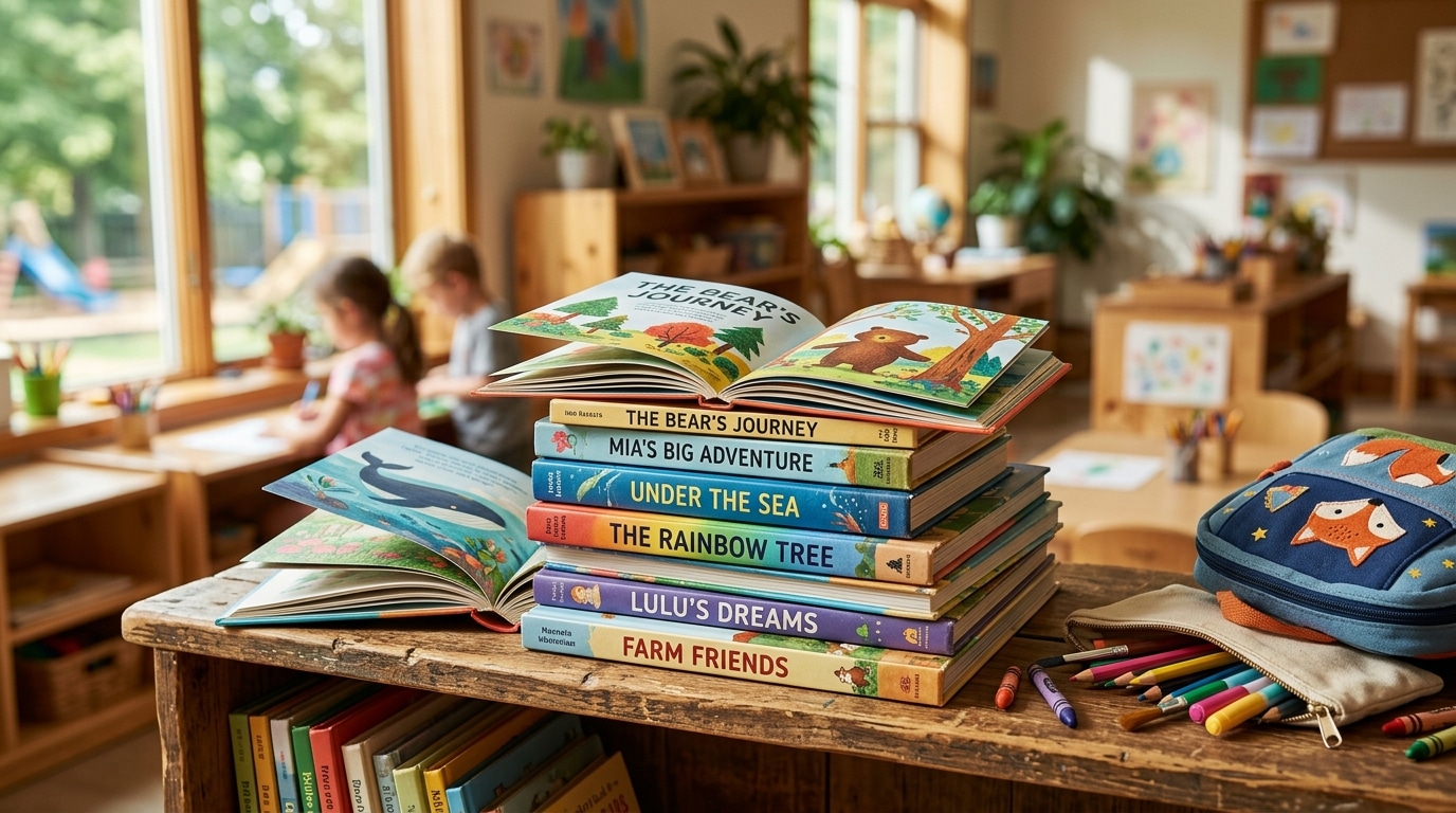 Étagère de livres illustrés colorés dans une salle de classe