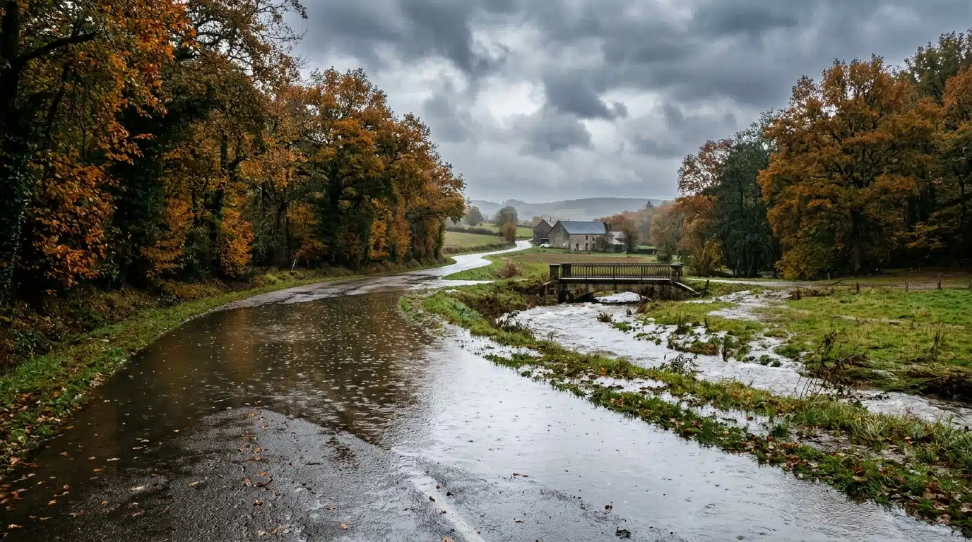 Route de campagne inondée sous un ciel gris automnal