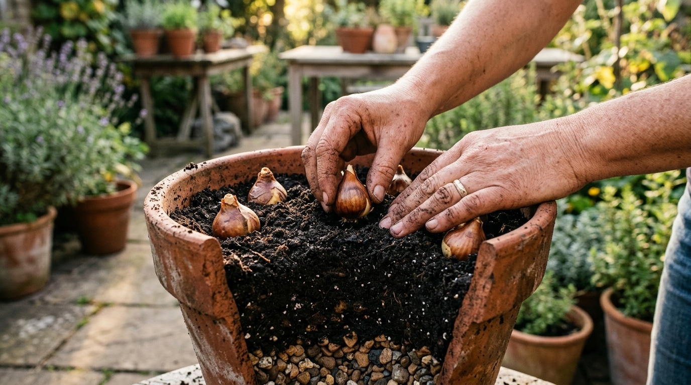 Pots en terre cuite remplis de bulbes de jonquilles