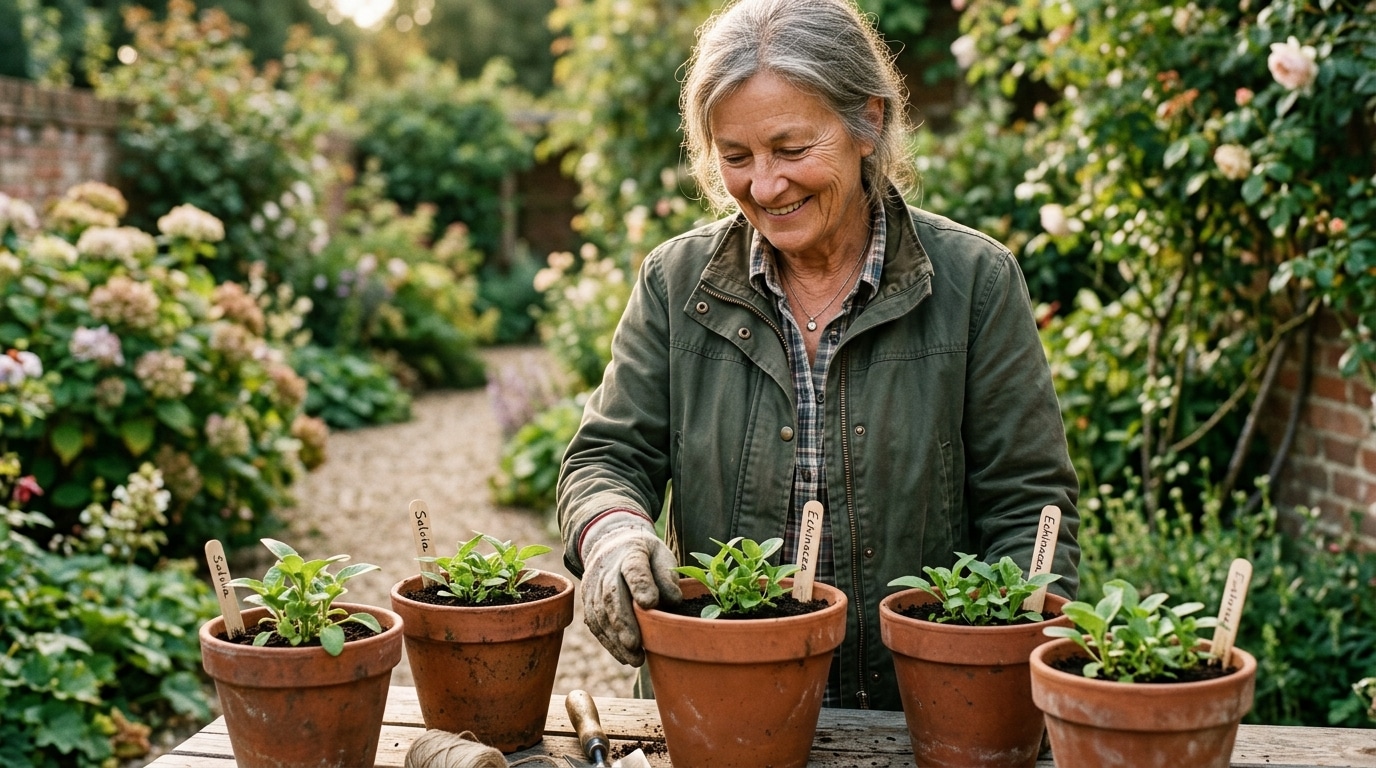 Jardinier souriant observant ses pots fraîchement plantés