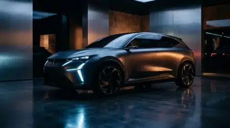 Silhouette de voiture compacte futuriste en showroom