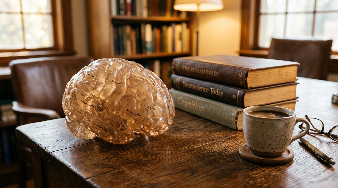 Modèle de cerveau humain sur bureau avec café