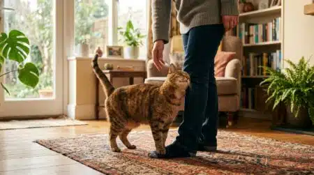 Chat frottant sa tête contre la jambe d'une personne
