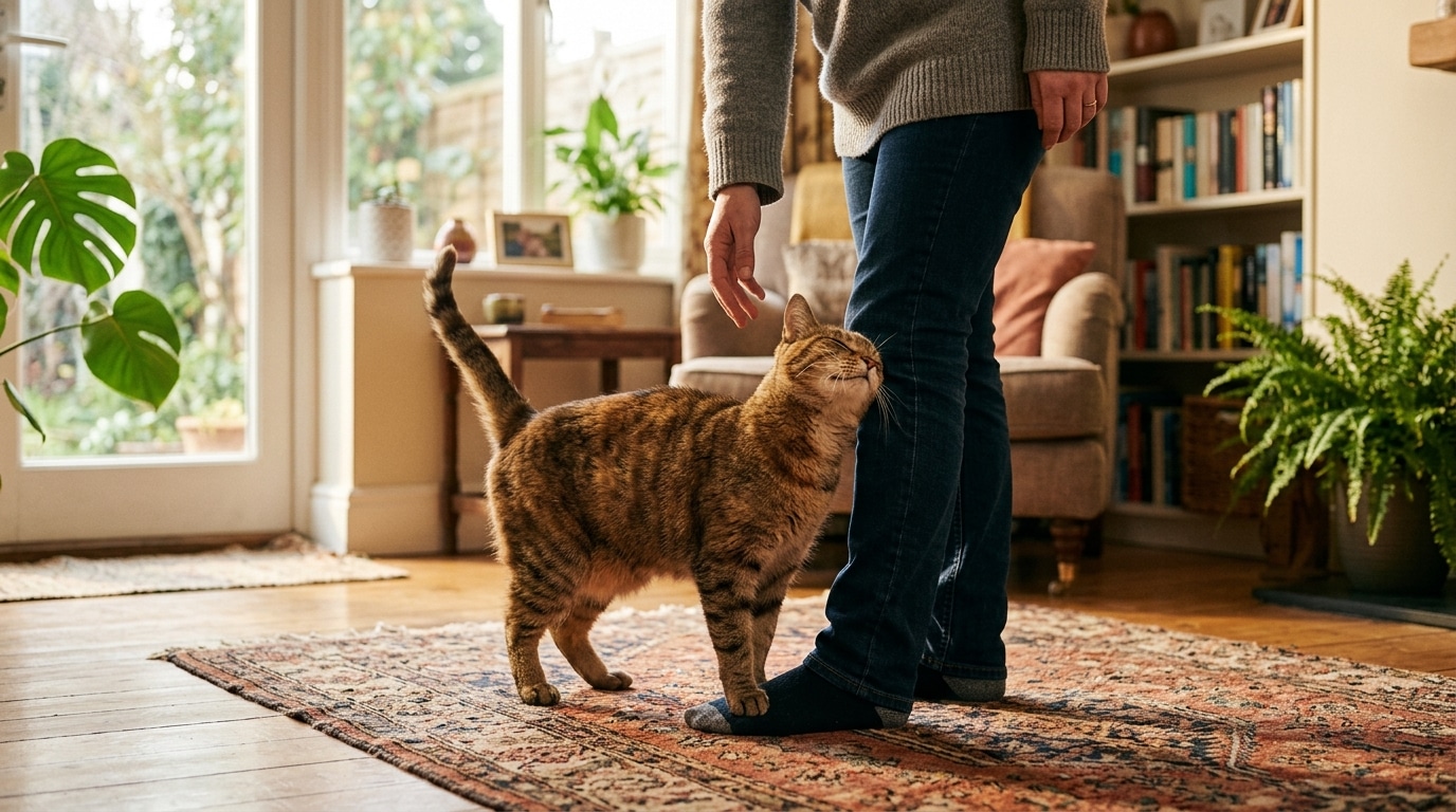 Chat frottant sa tête contre la jambe d'une personne