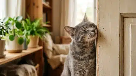 Chat calme se frottant contre un cadre de porte