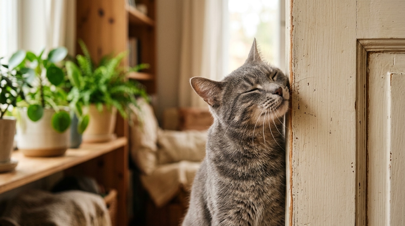 Chat calme se frottant contre un cadre de porte