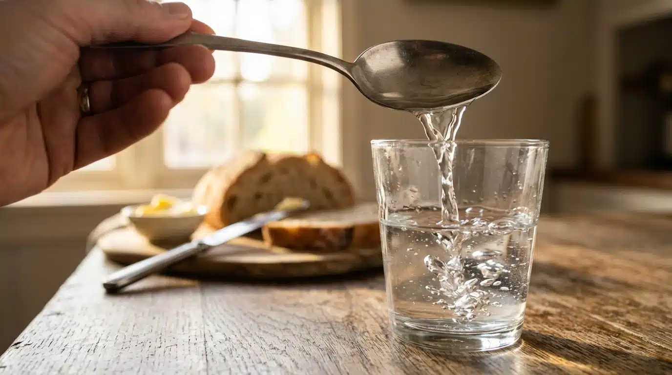 Cuillère de vinaigre versée dans un verre d'eau